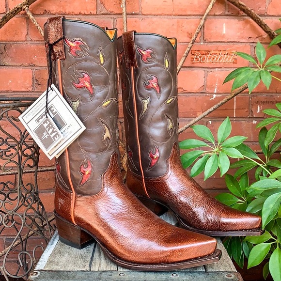 FRYE NEW Floral Inlay Brown Leather Boots 8 - Picture 2 of 11
